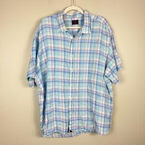 Untuckit Linen Button Up Mens XXXL Collared Short Sleeve Blue White Plaid Preppy